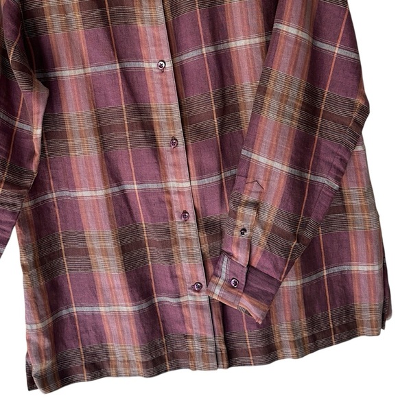 FACONNABLE | PURE LINEN TUNIC SHIRT PLAID LONG SLEEVE BUTTON FRONT PLUM | LARGE - Picture 5 of 9